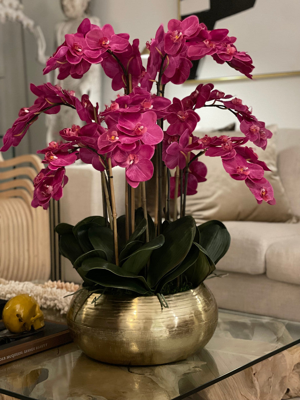 Pink Phalaenopsis Orchids In Gold Metal Bowie Bowl(Out of Stock)