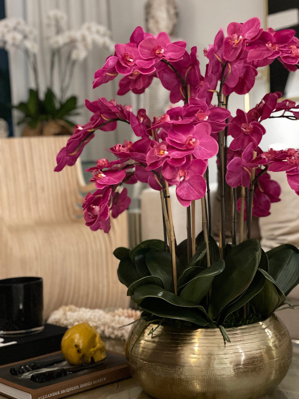 Pink Phalaenopsis Orchids In Gold Metal Bowie Bowl(Out of Stock)