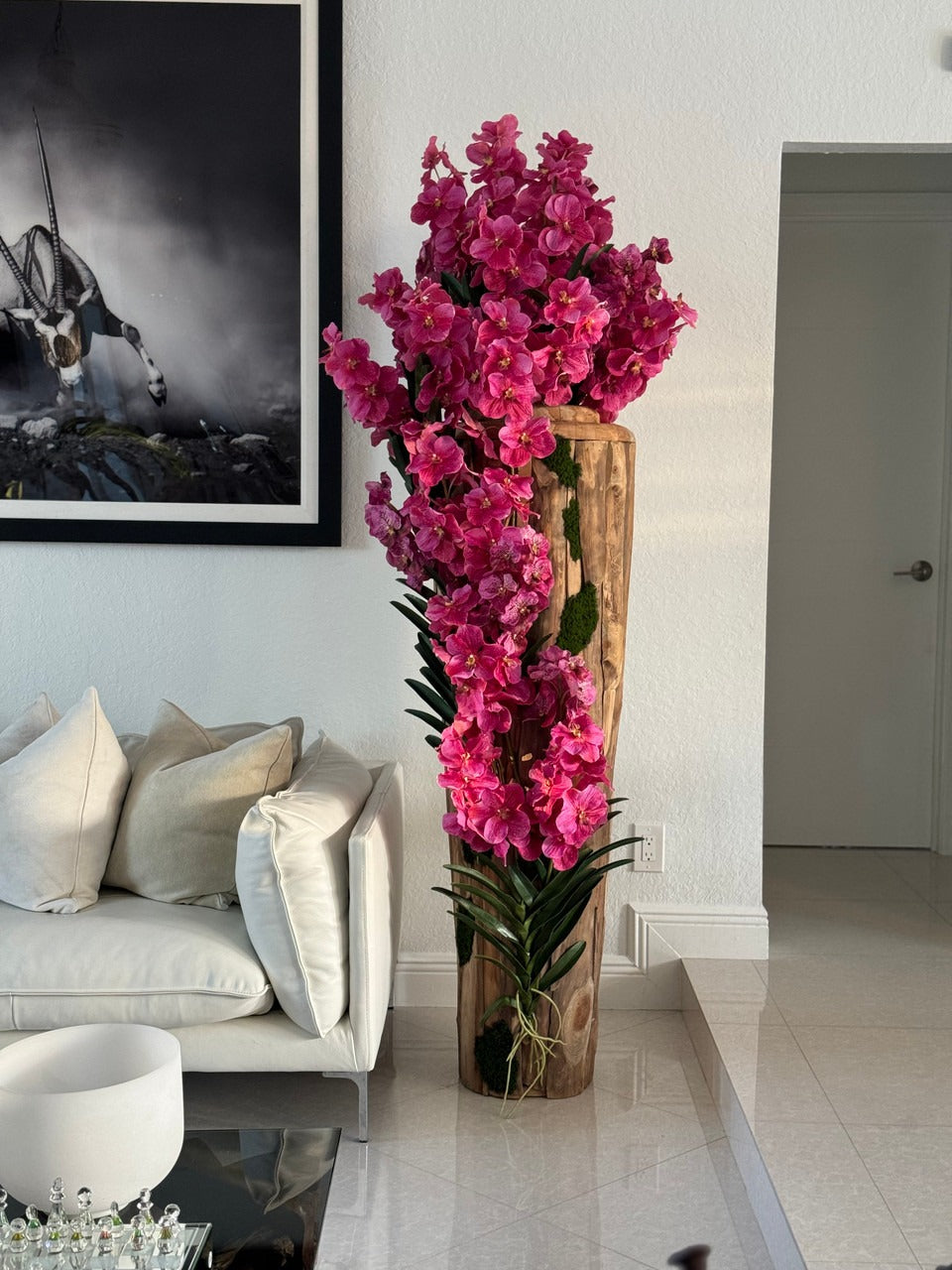 Large Live Edge Teak Vase with Pink Vanda Orchids