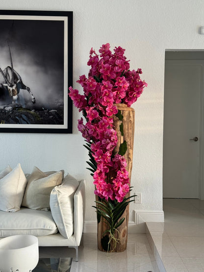 Large Live Edge Teak Vase with Pink Vanda Orchids