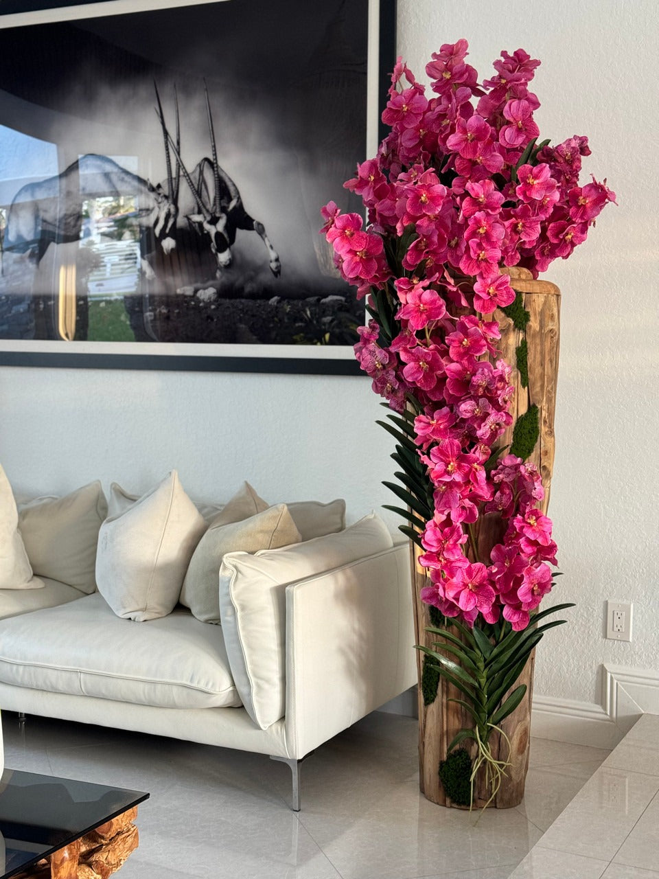 Large Live Edge Teak Vase with Pink Vanda Orchids