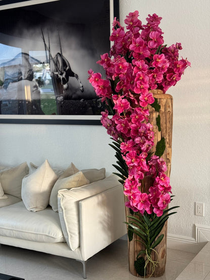 Large Live Edge Teak Vase with Pink Vanda Orchids