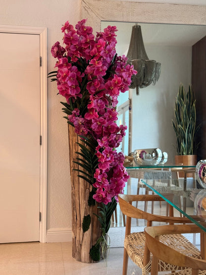 Large Live Edge Teak Vase with Pink Vanda Orchids