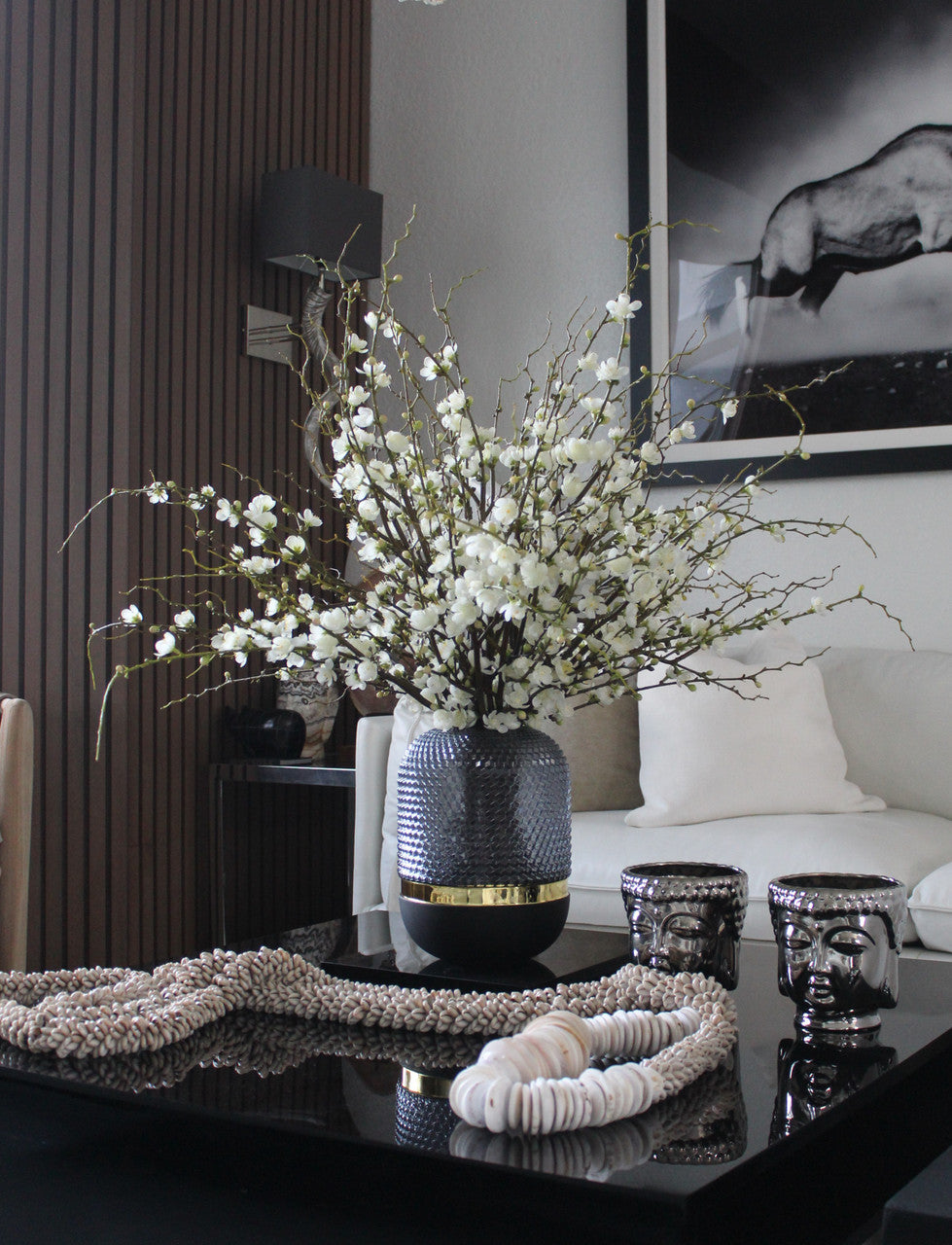 Black Swan Vase with White Cherry Blossom