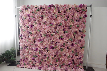 Roll Up Fabric Artificial Mix Rose Red and Pink Flower Wall Wedding Backdrop, Floral Party Decor, Event Photography-VF-044