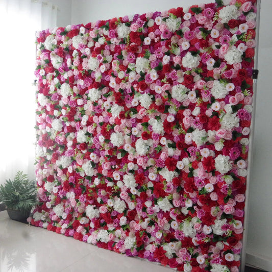 Roll Up Fabric Artificial Mix Rose Red White and Pink Flower Wall Wedding Backdrop, Floral Party Decor, Event Photography-VF-042