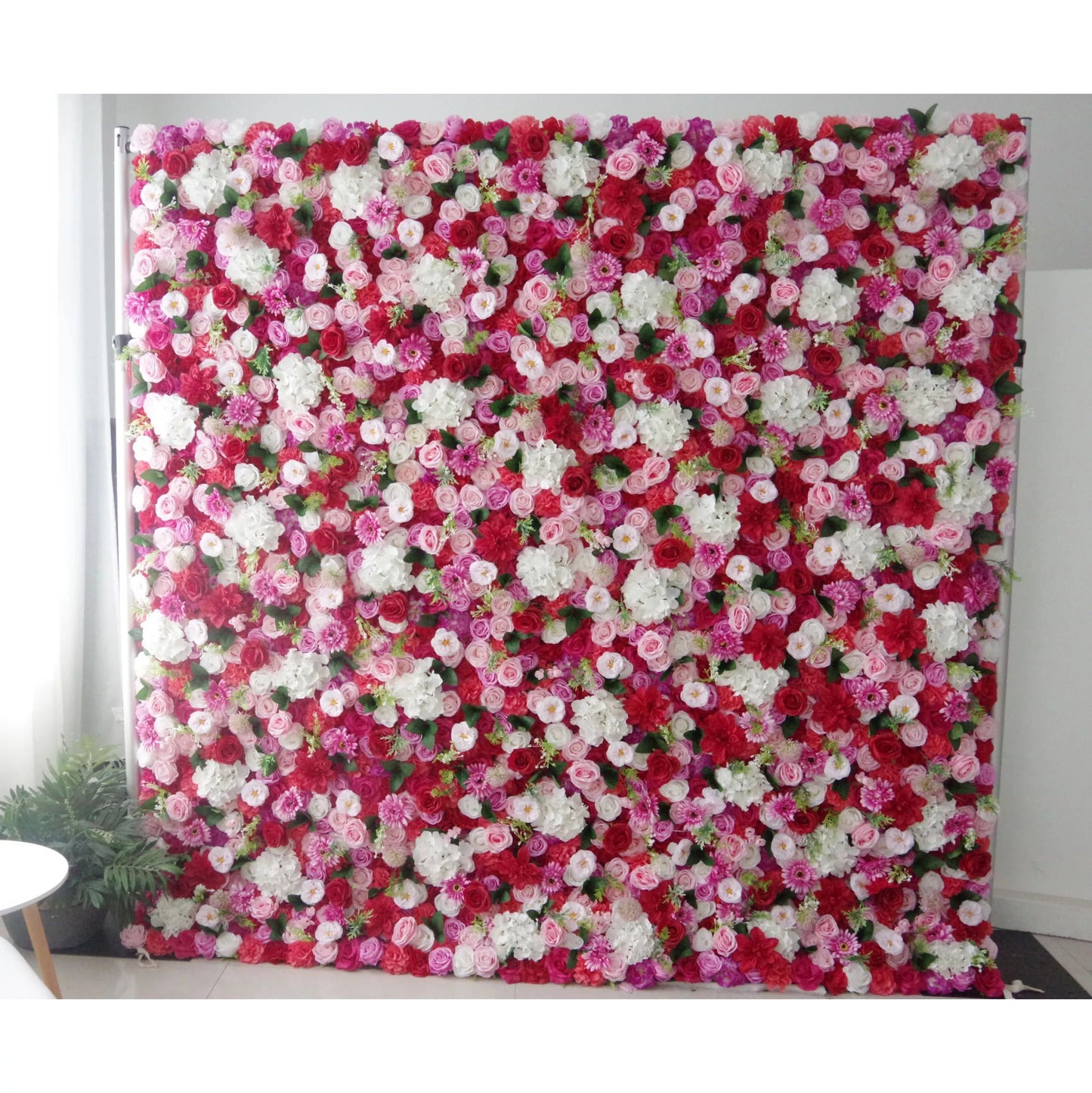 Roll Up Fabric Artificial Mix Rose Red White and Pink Flower Wall Wedding Backdrop, Floral Party Decor, Event Photography-VF-042