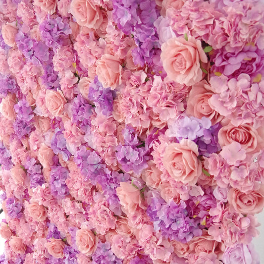 Roll Up Fabric Artificial Rose and Warm Purple Flower Wall Wedding Backdrop, Floral Party Decor, Event Photography-VF-055