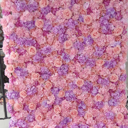 Roll Up Fabric Artificial Rose and Warm Purple Flower Wall Wedding Backdrop, Floral Party Decor, Event Photography-VF-055