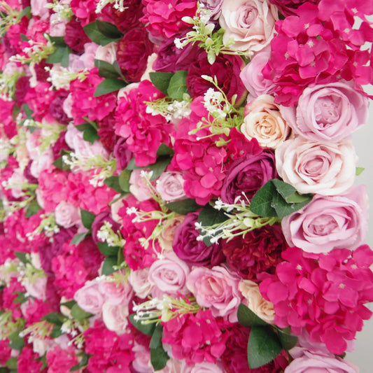 Roll Up Fabric Artificial Mixed Cerise Pink and Dull Pink Flower Wall Wedding Backdrop, Floral Party Decor, Event Photography-VF-061