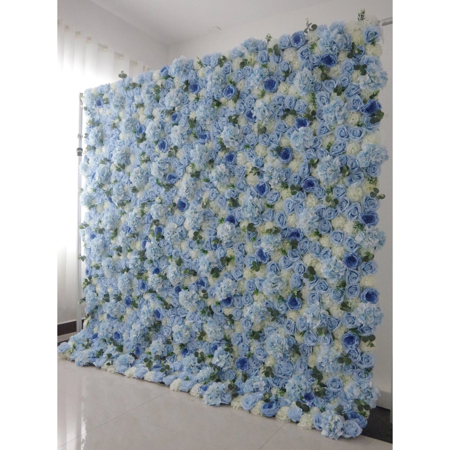 Roll Up Fabric Artificial Mixed Baby Blue and White Green Flower Wall Wedding Backdrop, Floral Party Decor, Event Photography-VF-067