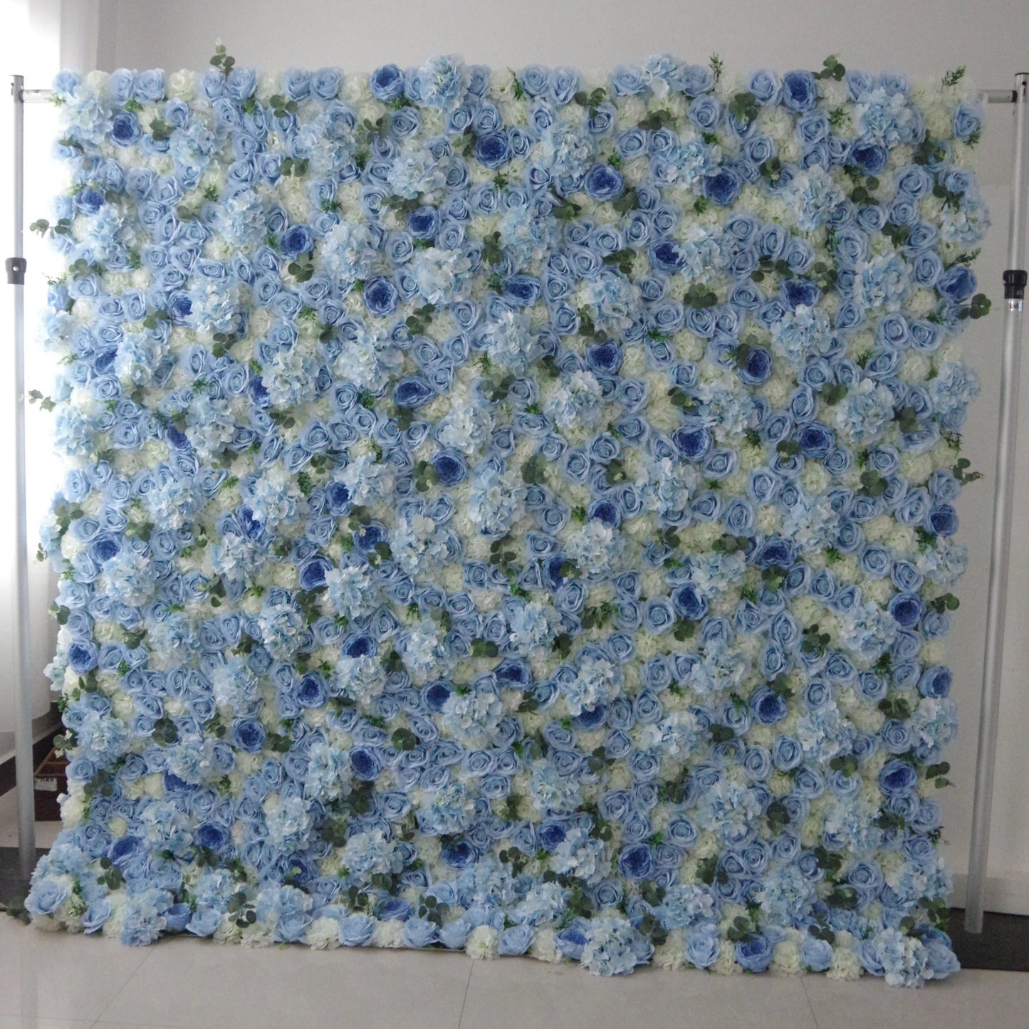 Roll Up Fabric Artificial Mixed Baby Blue and White Green Flower Wall Wedding Backdrop, Floral Party Decor, Event Photography-VF-067