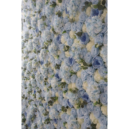 Roll Up Fabric Artificial Mixed Baby Blue and White Green Flower Wall Wedding Backdrop, Floral Party Decor, Event Photography-VF-067