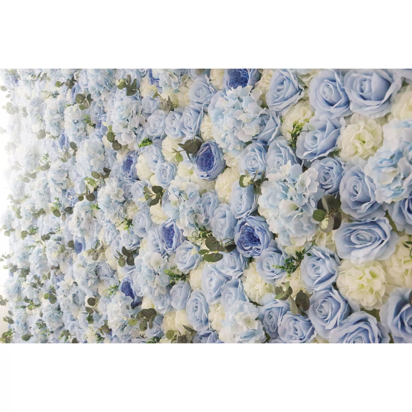 Roll Up Fabric Artificial Mixed Baby Blue and White Green Flower Wall Wedding Backdrop, Floral Party Decor, Event Photography-VF-067