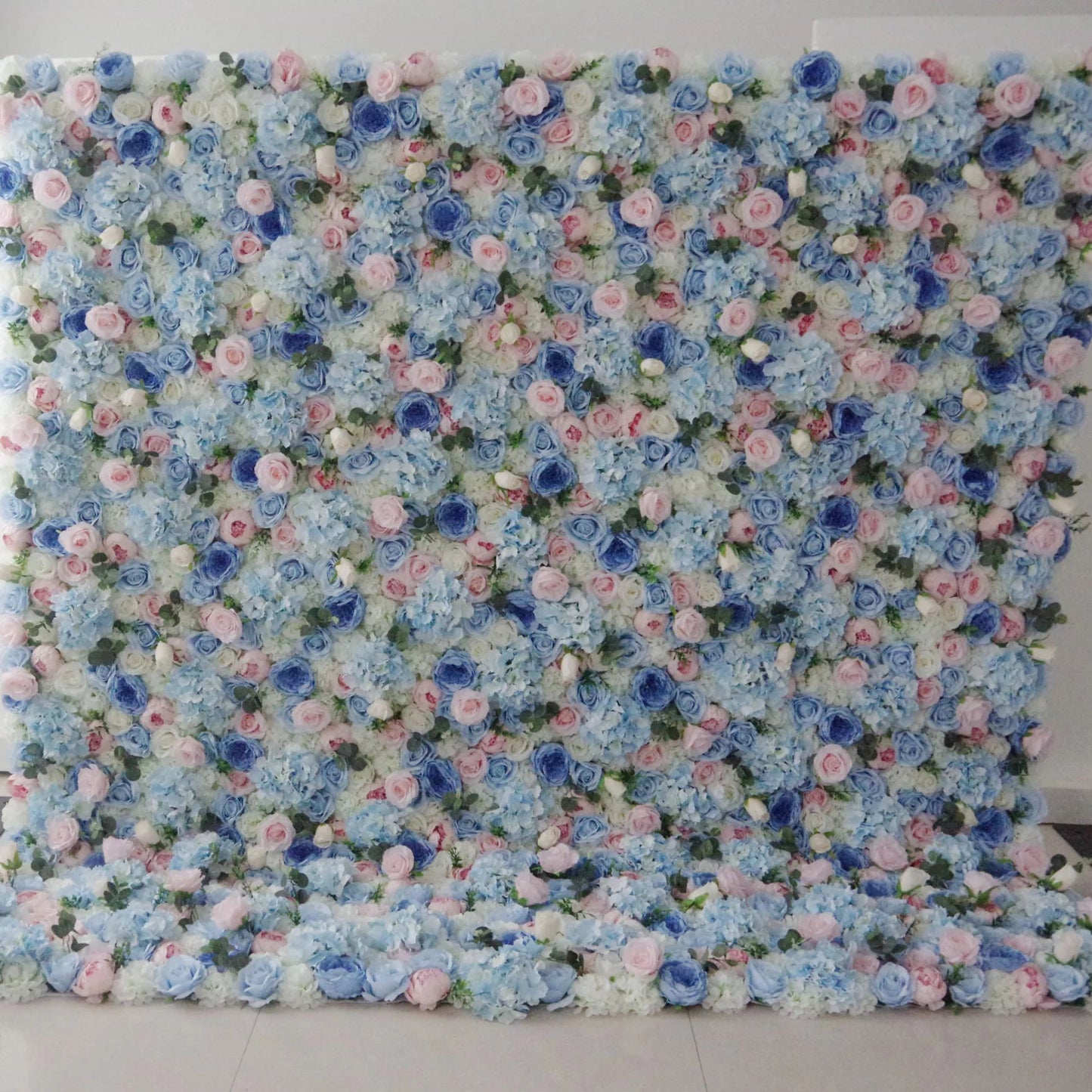 Roll Up Fabric Artificial Mixed Baby Blue, Pinky and White Floral Wall Wedding Backdrop, Floral Party Decor, Event Photography-VF-081