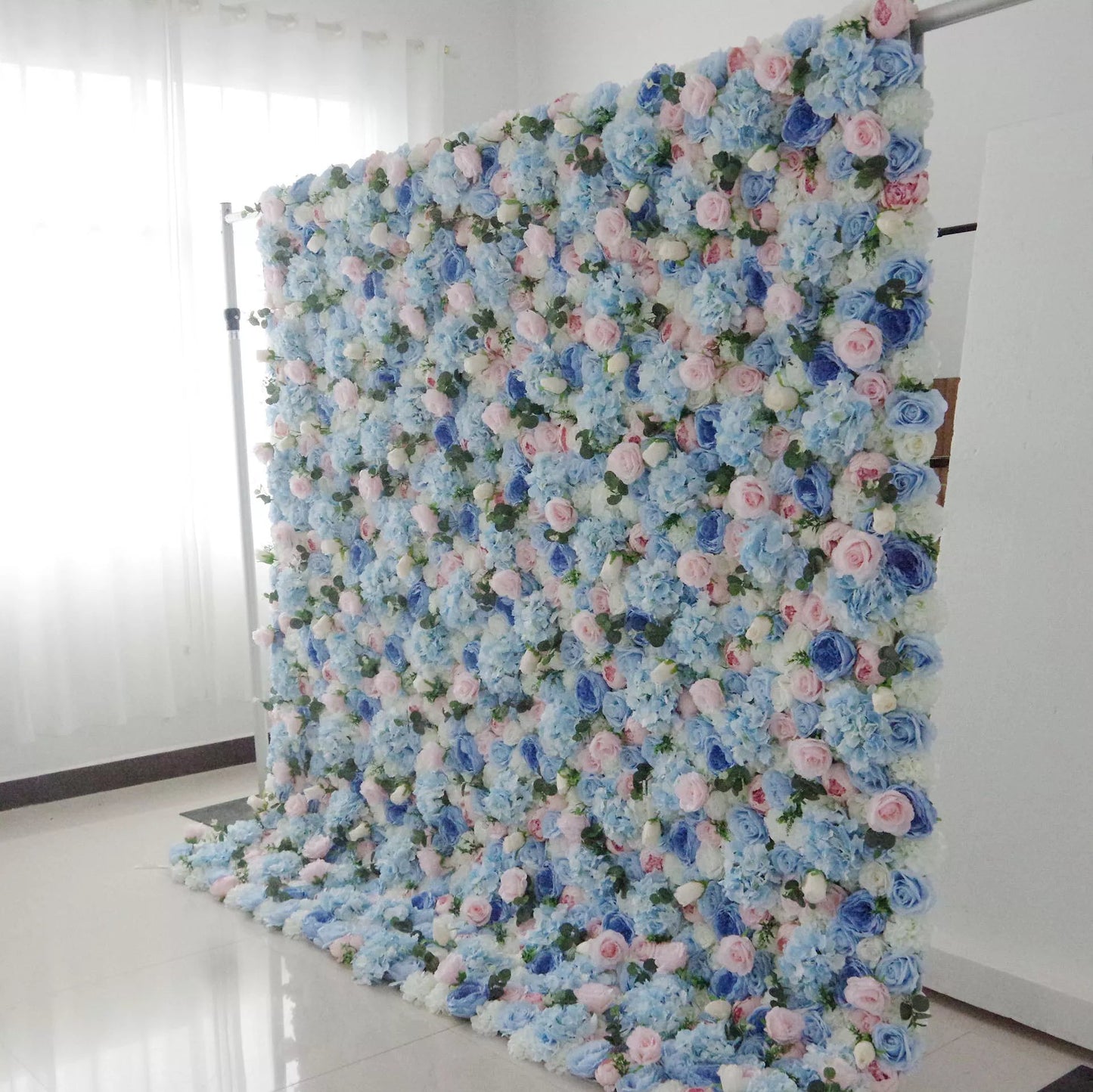 Roll Up Fabric Artificial Mixed Baby Blue, Pinky and White Floral Wall Wedding Backdrop, Floral Party Decor, Event Photography-VF-081