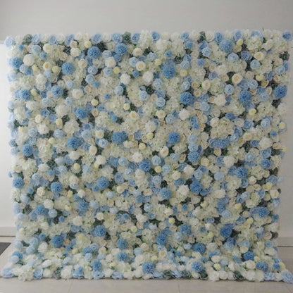 Roll Up Fabric Artificial Mixed Baby Blue and White Floral Wall Wedding Backdrop, Floral Party Decor, Event Photography-VF-083