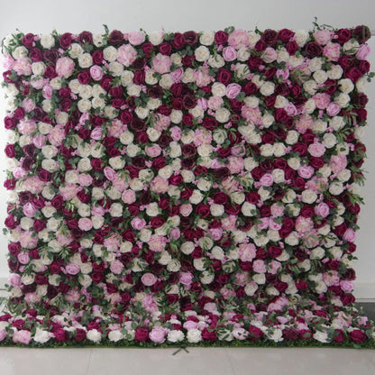 Roll Up Fabric Artificial Mixed Pinky and Purple and White Floral Wall Wedding Backdrop, Floral Party Decor, Event Photography-VF-091