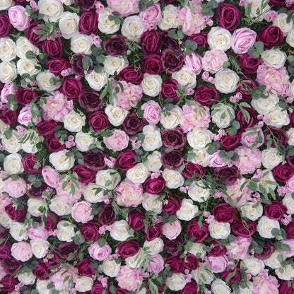 Roll Up Fabric Artificial Mixed Pinky and Purple and White Floral Wall Wedding Backdrop, Floral Party Decor, Event Photography-VF-091