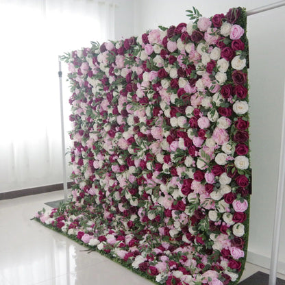 Roll Up Fabric Artificial Mixed Pinky and Purple and White Floral Wall Wedding Backdrop, Floral Party Decor, Event Photography-VF-091