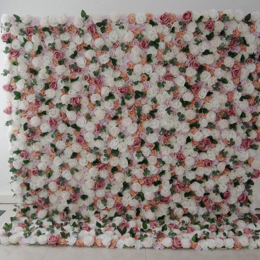 Roll Up Fabric Artificial Mixed White and Pink Rose Color Green Leaves Wall Wedding Backdrop, Floral Party Decor, Event Photography-VF-089