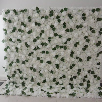 Roll Up Fabric Artificial White and Green Leaves Wall Wedding Backdrop, Floral Party Decor, Event Photography-VF-088