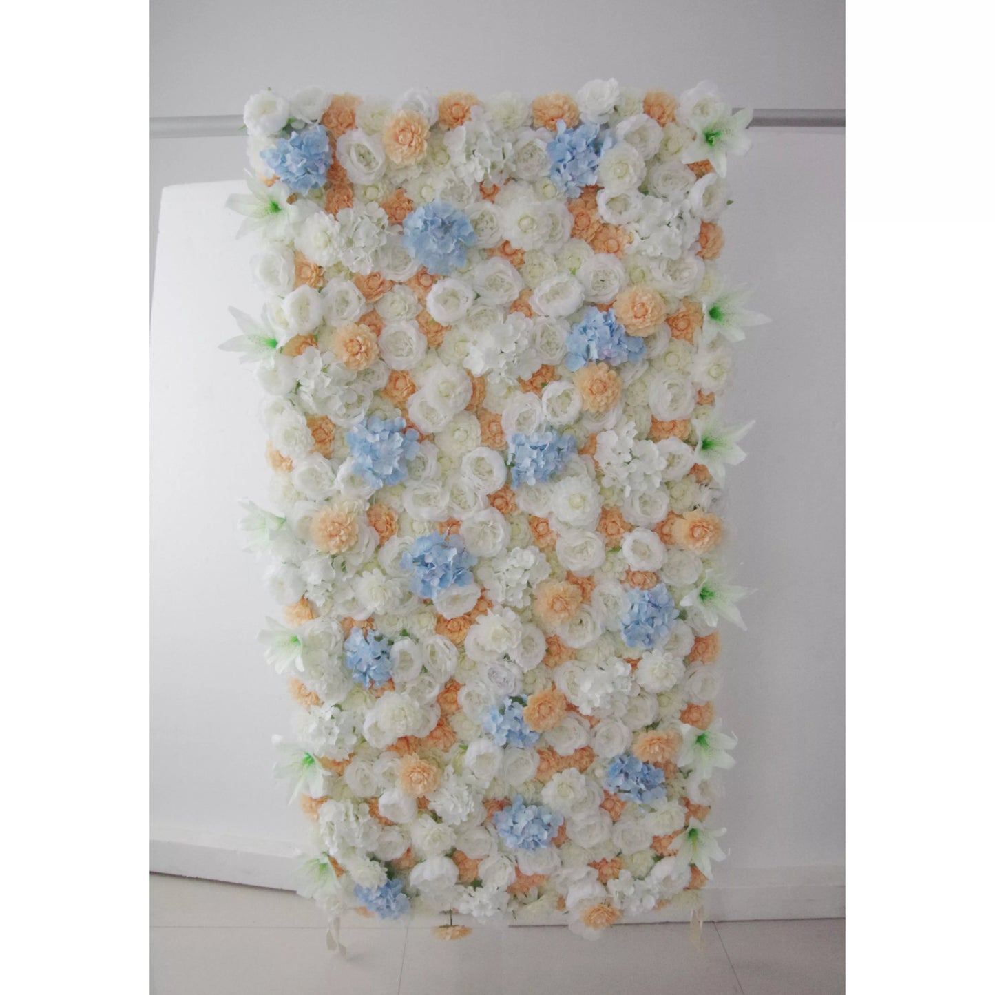 Roll Up Fabric Artificial Orange Mixed White and Baby Blue Floral Wall Wedding Backdrop, Floral Party Decor, Event Photography-VF-096