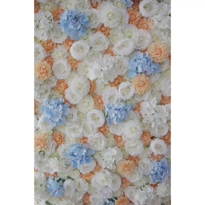 Roll Up Fabric Artificial Orange Mixed White and Baby Blue Floral Wall Wedding Backdrop, Floral Party Decor, Event Photography-VF-096