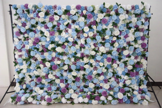 Roll Up Fabric Artificial Mix Purple White and Blue Flower Wall Wedding Backdrop, Floral Party Decor, Event Photography-VF-036