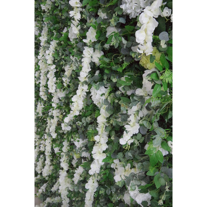 Roll Up Fabric Artificial White Flower and Vivid Green Leaves Floral Wall Wedding Backdrop, Floral Party Decor, Event Photography-VF-071