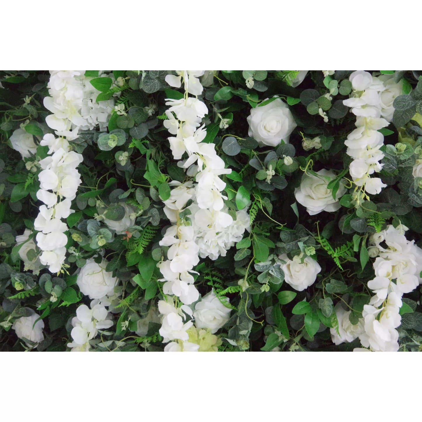 Roll Up Fabric Artificial White Flower and Vivid Green Leaves Floral Wall Wedding Backdrop, Floral Party Decor, Event Photography-VF-071