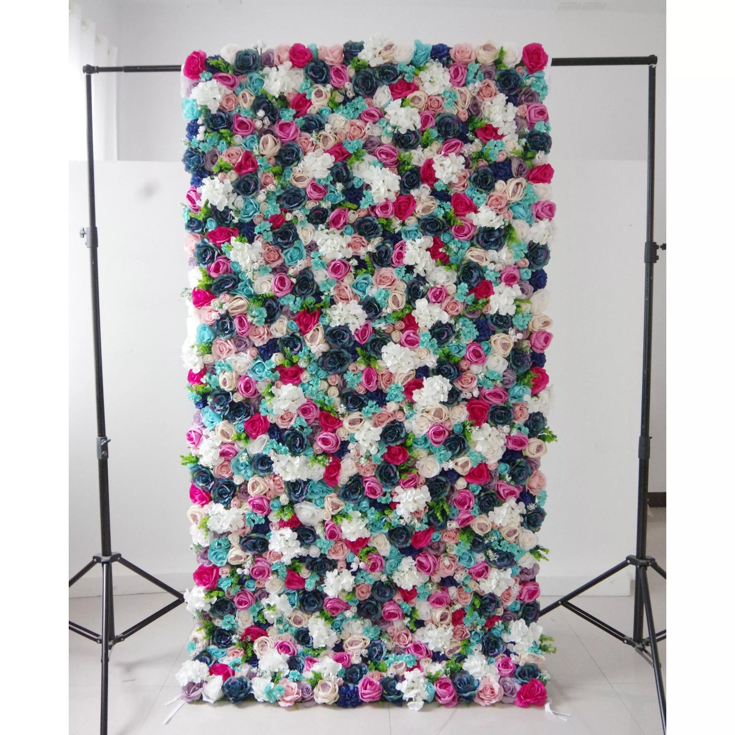 Roll Up Fabric Artificial Mix Purple White Rose Red and Blue Flower Wall Wedding Backdrop, Floral Party Decor, Event Photography-VF-037