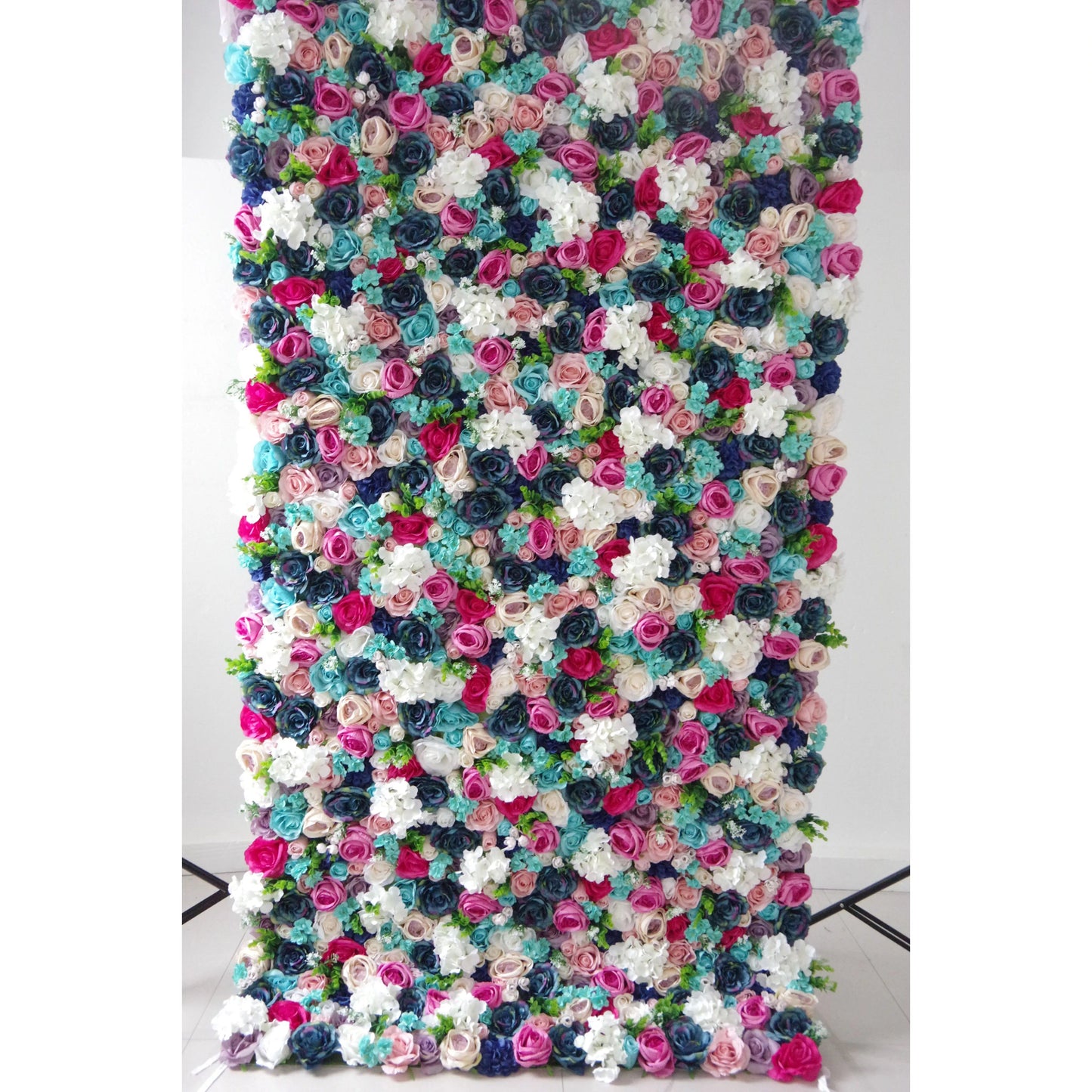 Roll Up Fabric Artificial Mix Purple White Rose Red and Blue Flower Wall Wedding Backdrop, Floral Party Decor, Event Photography-VF-037