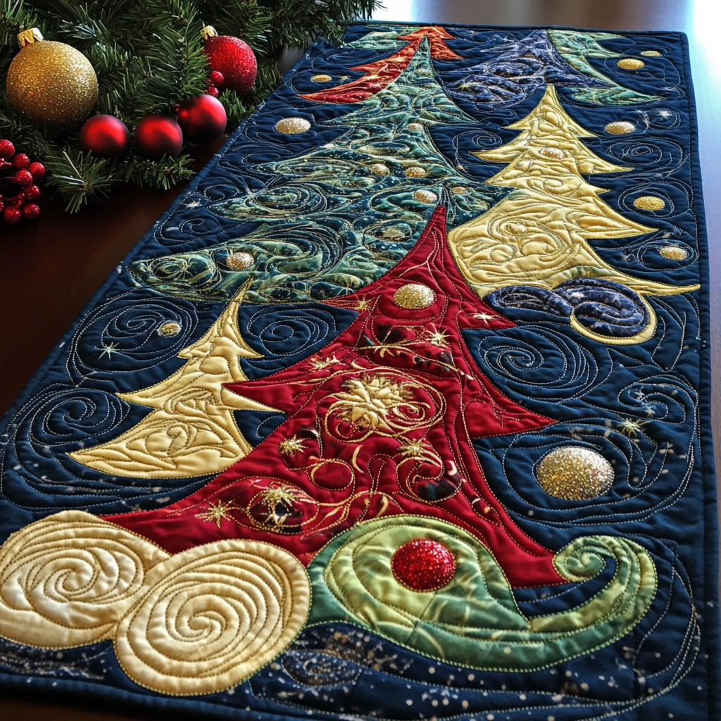 Joyful Evergreen Twist  Quilted Table Runner NCU0PT2752