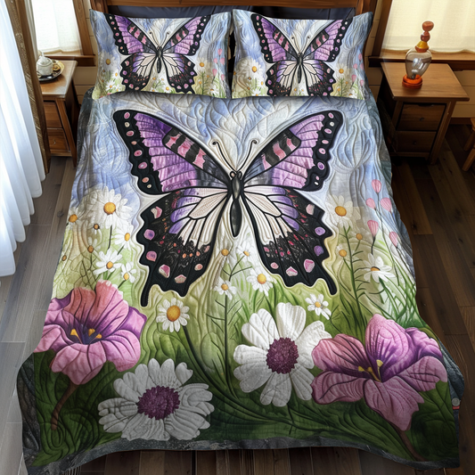 Juego de cama acolchado de 3 piezas con diseño de mariposas y alas de lavanda NCU0VL044