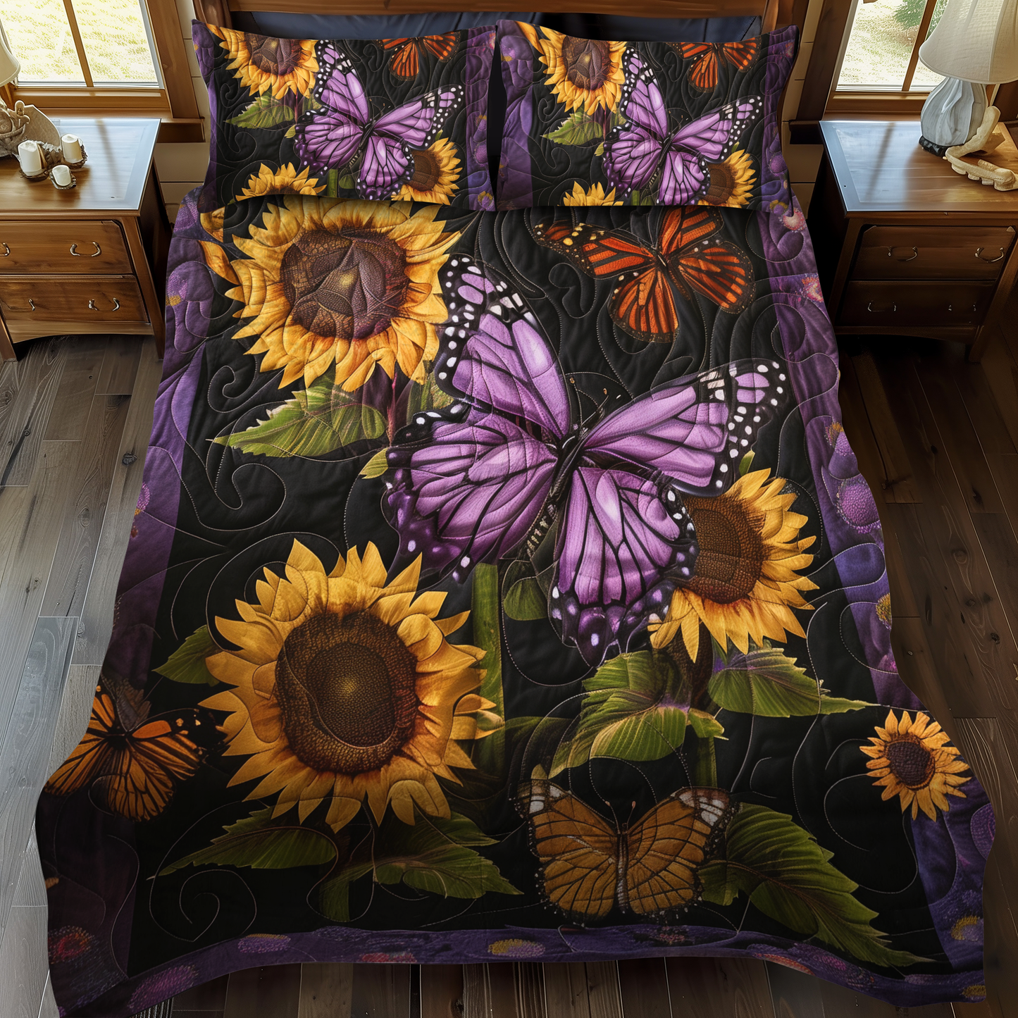 Juego de cama acolchado de 3 piezas con diseño de mariposas y alas de lavanda NCU0VL045