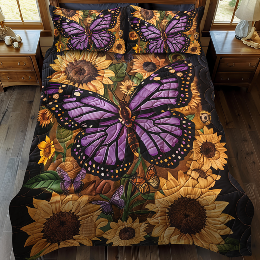 Juego de cama acolchado de 3 piezas con diseño de mariposas y alas de lavanda NCU0VL046