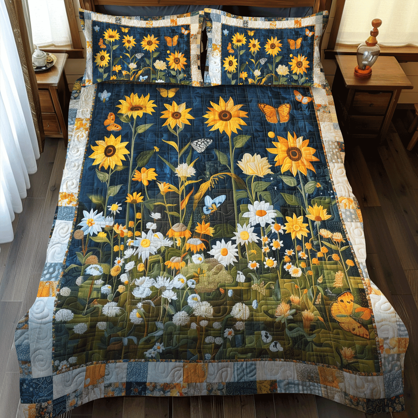 Juego de cama acolchado de 3 piezas con girasoles de medianoche NCU0TH1002