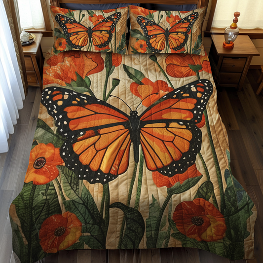 Juego de cama acolchado de 3 piezas con diseño de mariposa monarca NCU0VL026