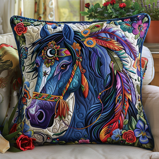 Blue Horse Quilted Pillow Case NCU0TL053