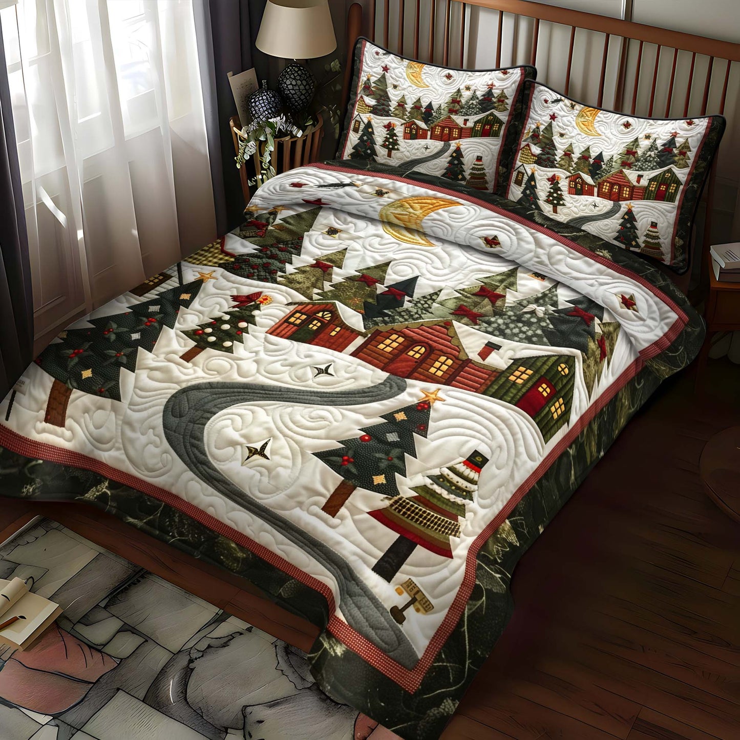 Moonlit Christmas Village 3-Piece Quilted Bedding Set NCU0NT048