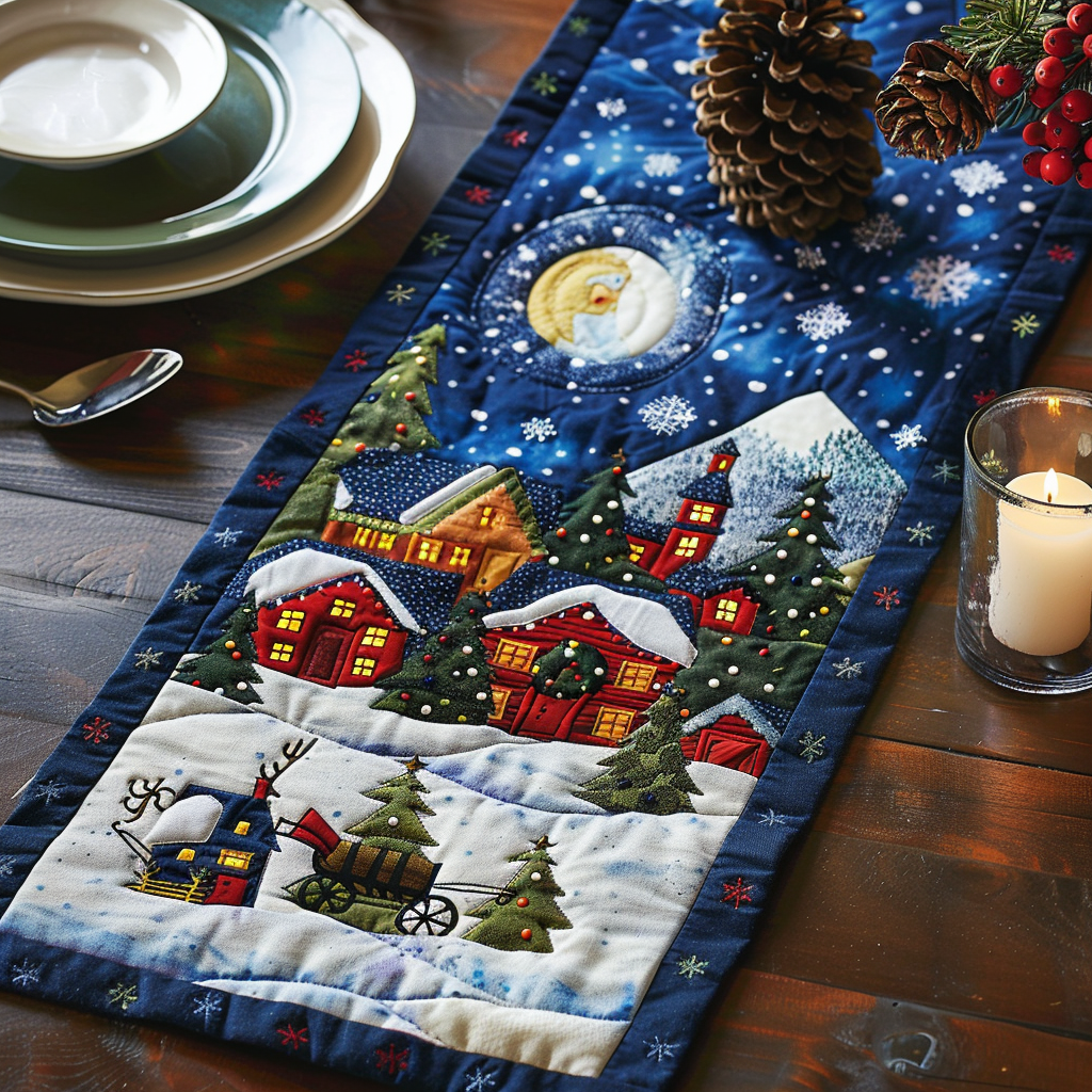 Moonlit Christmas Village Quilted Table Runner NCU0DV330