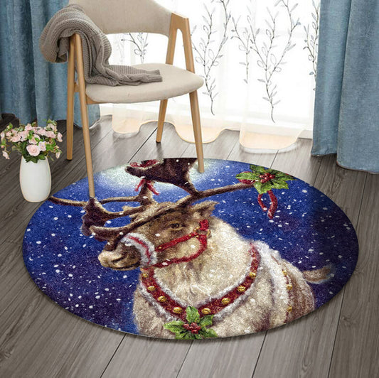 Moose Christmas HN250963RR Round Area Rug