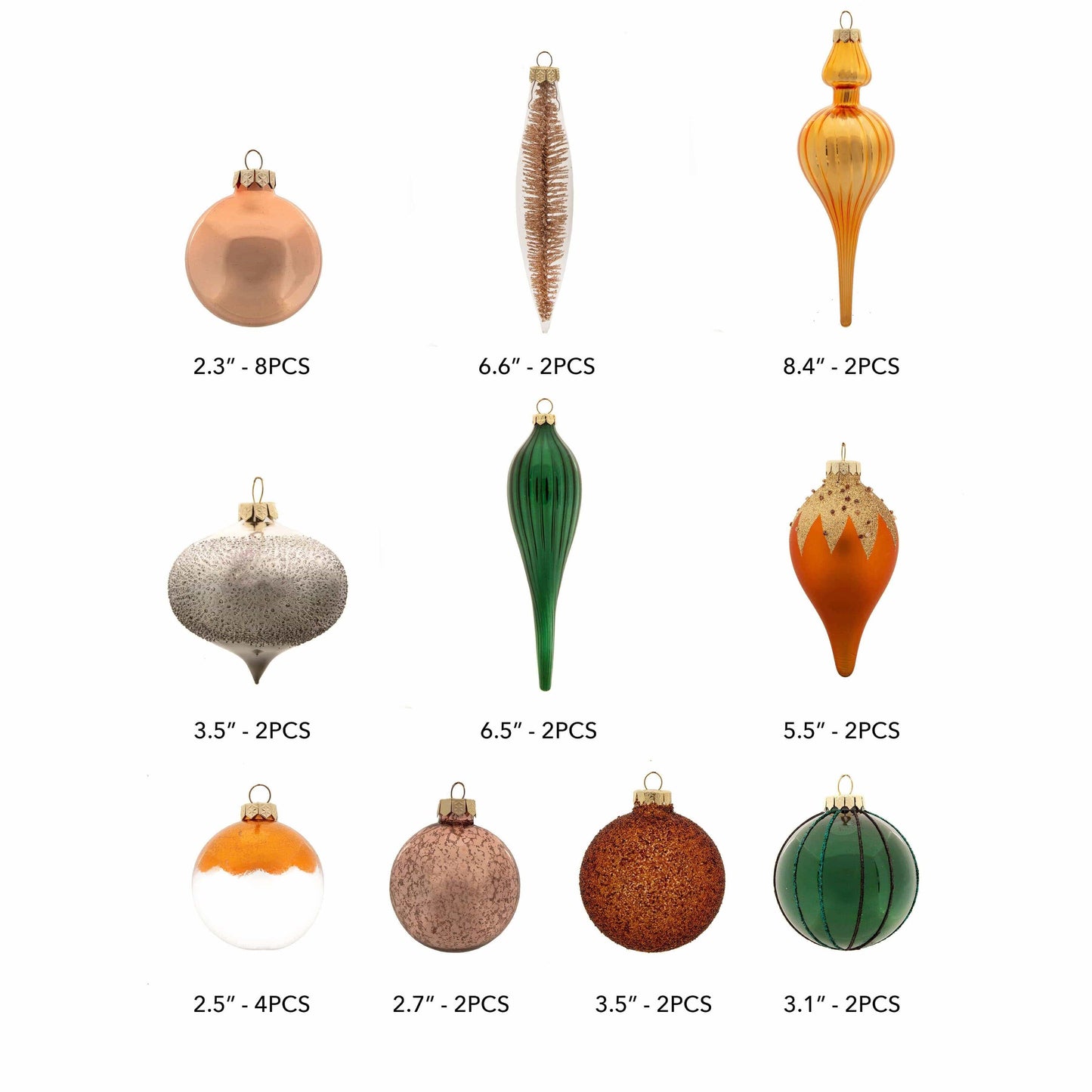 Natural 30-Piece Glass Ornament Set (Burnt-Orange, Green) Limited Edition