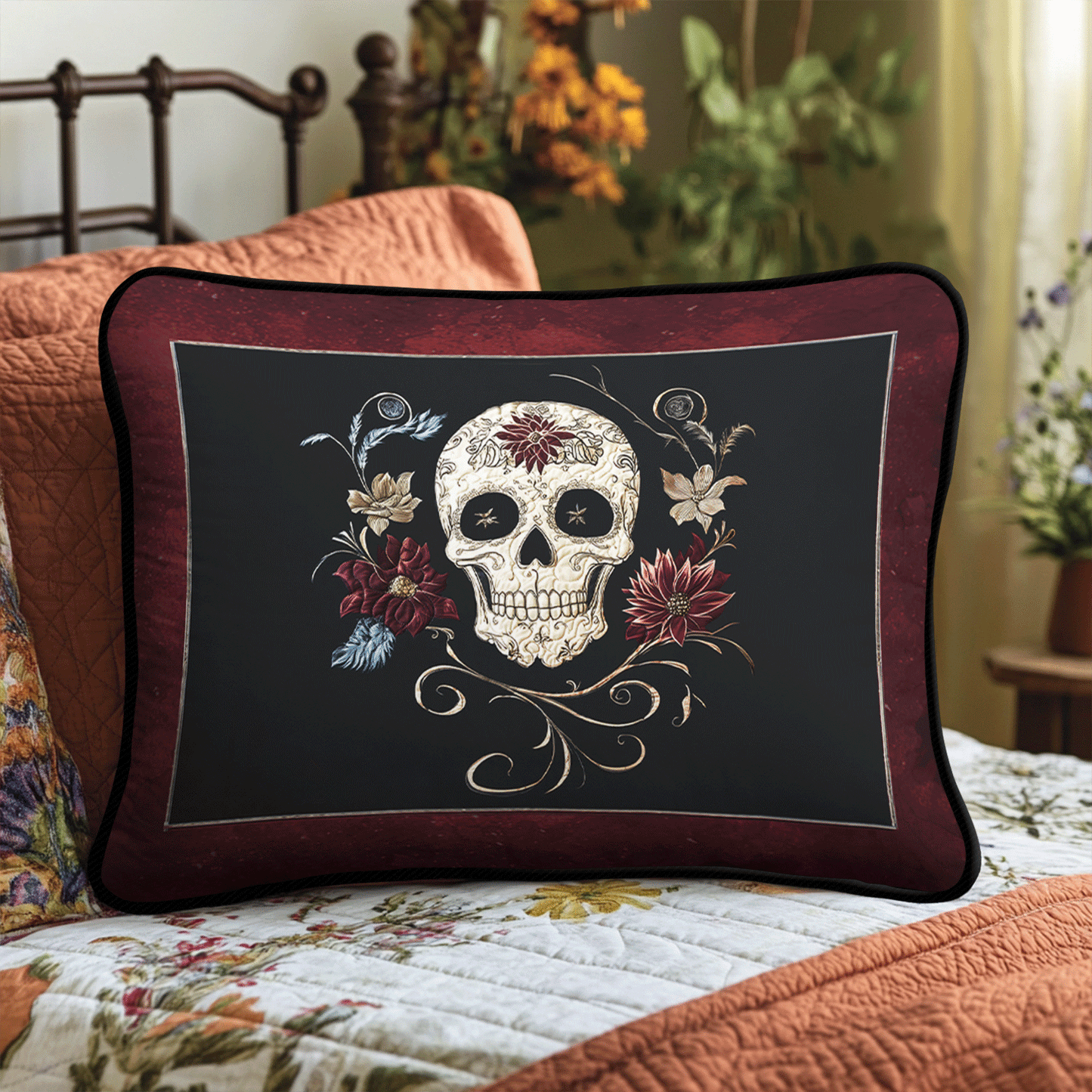 Midnight Skull Bloom Quilted Bedding Pillow Case NCU0TL2224