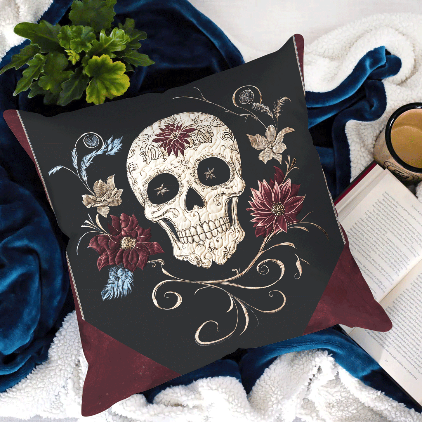 Midnight Skull Bloom Quilted Pillow Case NCU0TL2223