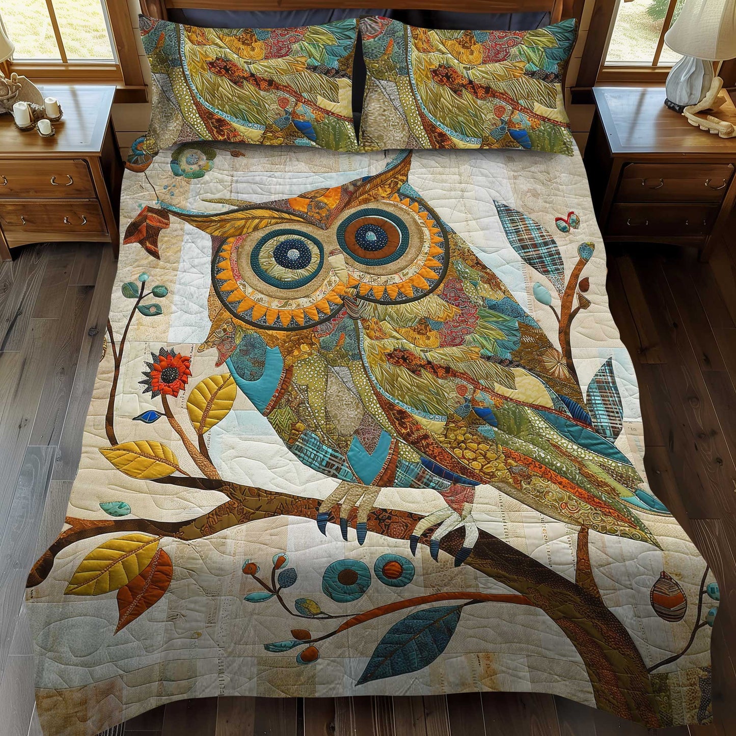 Owl Patchwork Plaid 3-Piece Quilted Bedding Set NCU0HY003