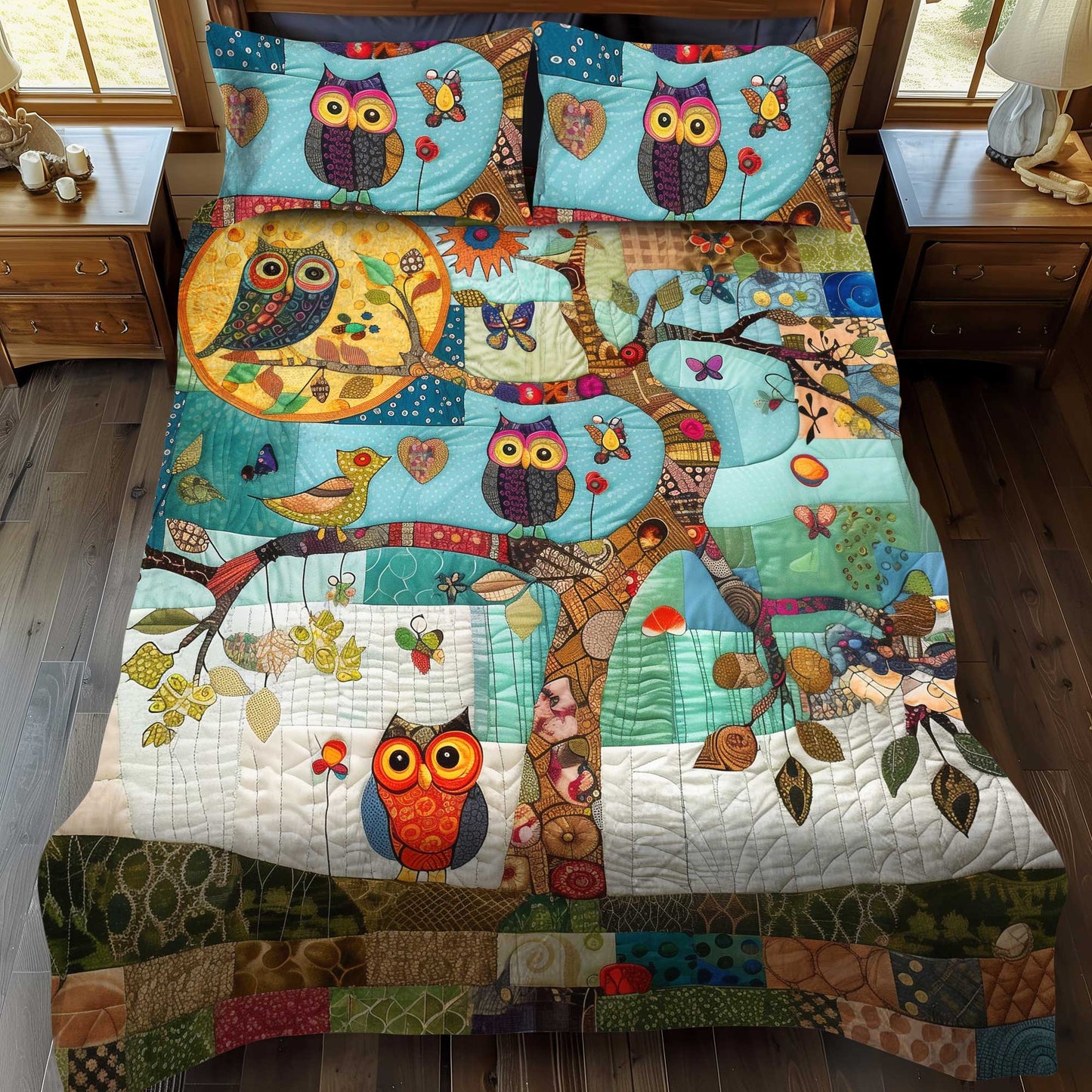 Owl Tree Patchwork 3-Piece Quilted Bedding Set NCU0HY011