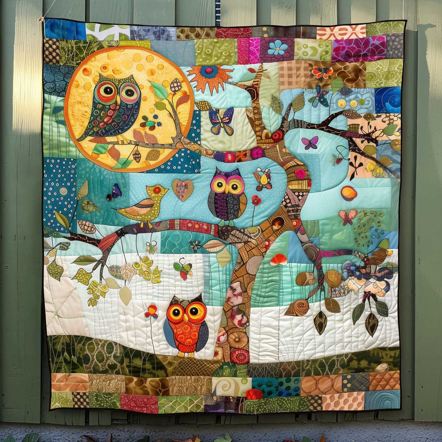 Owl Tree Patchwork Quilted Blanket NCU0HY011