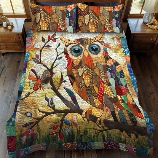 Vintage Owl Patchwork 3-Piece Quilted Bedding Set NCU0HY012